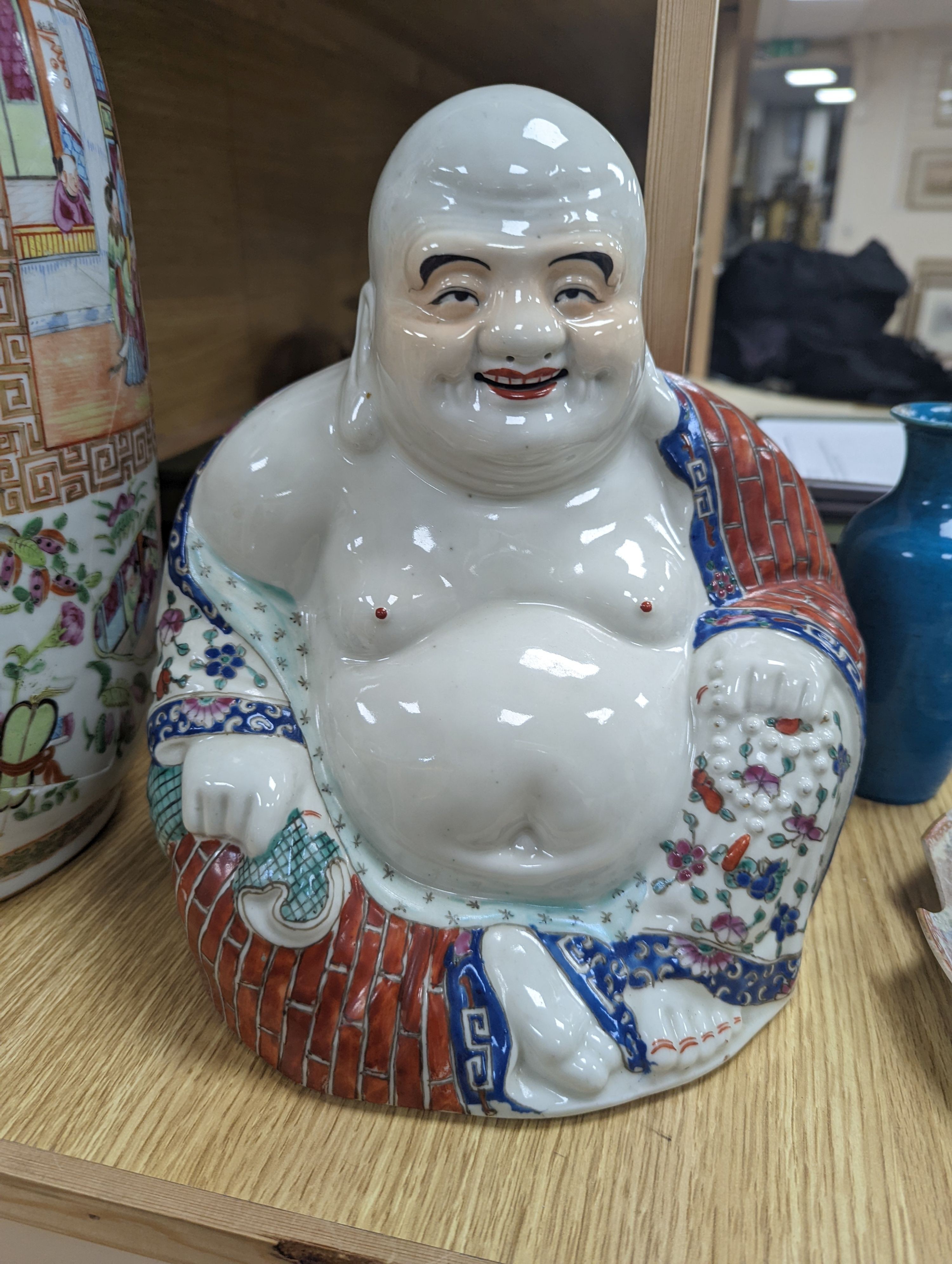 A Chinese famille rose vase, a figure of Budai, a turquoise glaze vase etc, vase 45 cms high.